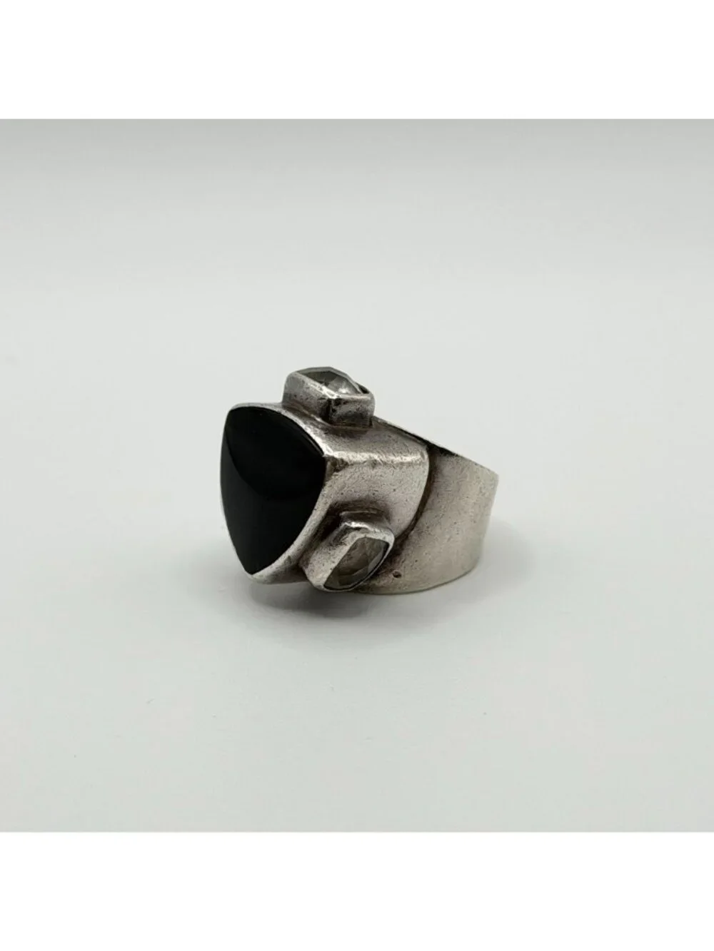 Sterling Silver 925 Ring With Black Onyx & Clear Crystals Size 8.5